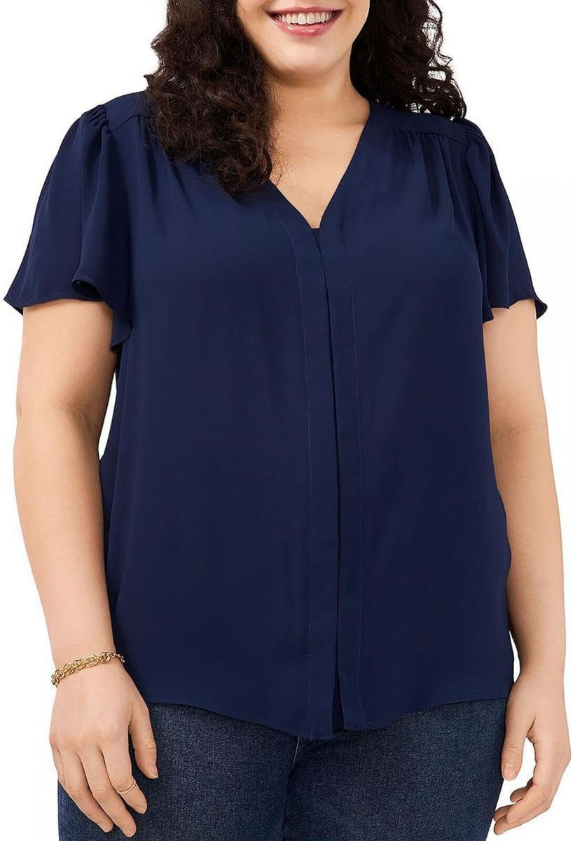 Vince Camuto Womens Plus Split Neck Sheer Blouse 9231084 Classic Navy Blue  1X