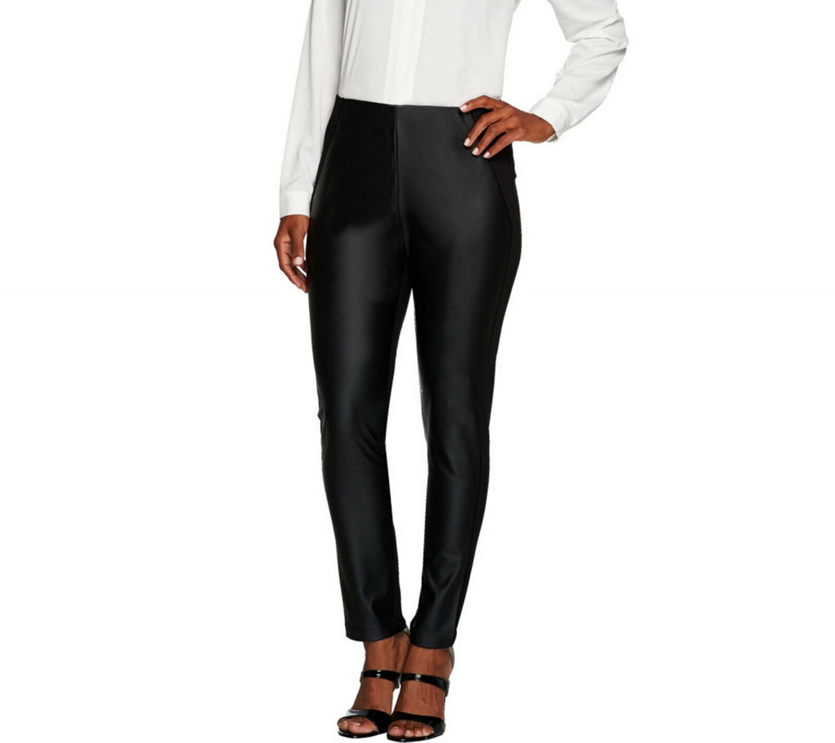 Susan Graver Petite Ponte Knit Leggings with Faux Leather Trim