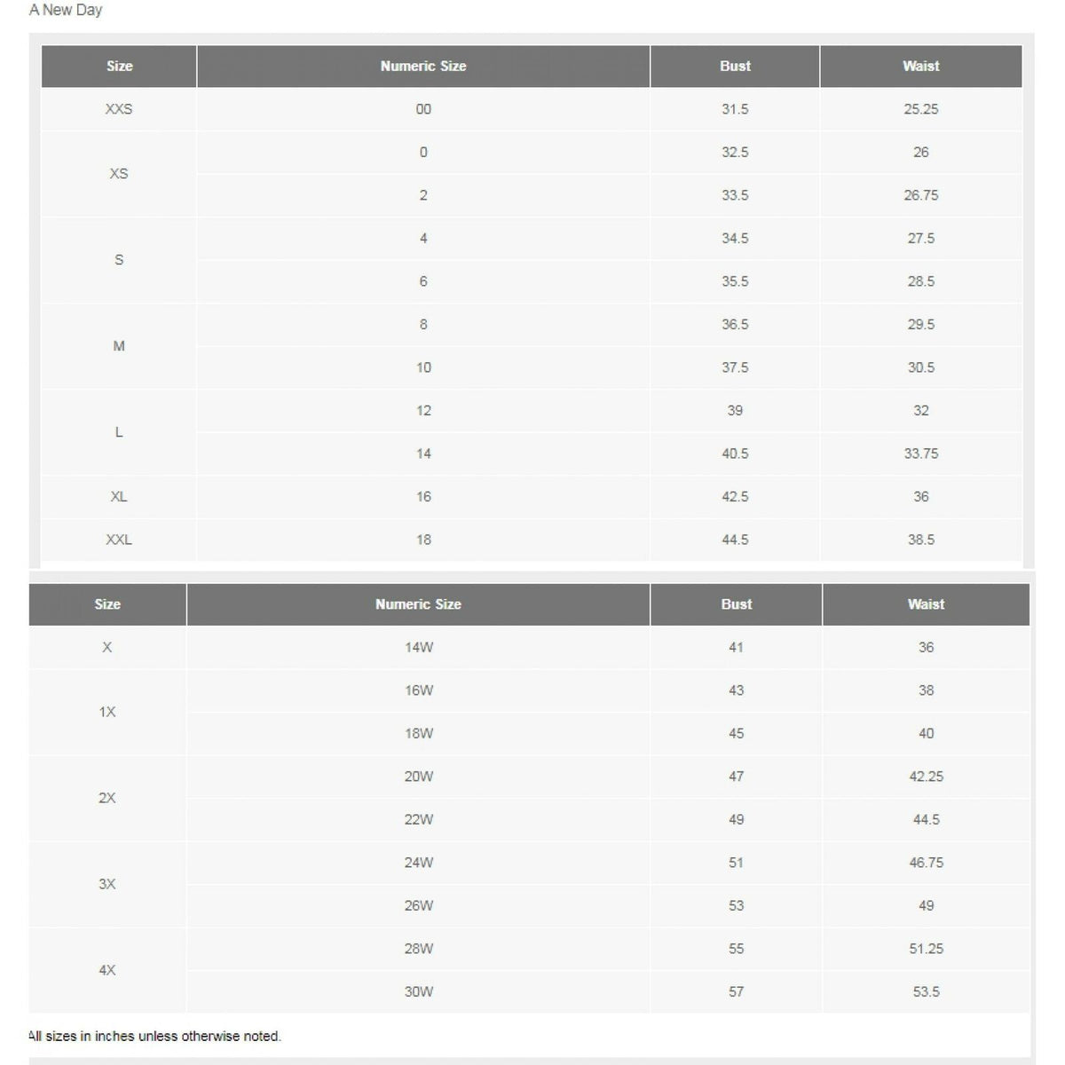 New Day Products Size Chart