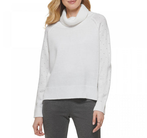 DKNY Womens Studded Sleeve Cotton Turtleneck Sweater P2MSAB65