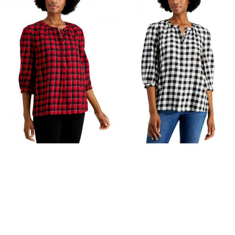 Style & Co. Women's Metallic Buffalo Plaid Popover Top