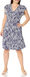 London Times Women's Leaf Print V-Neck Ruffle Sleeve Dress T6085M