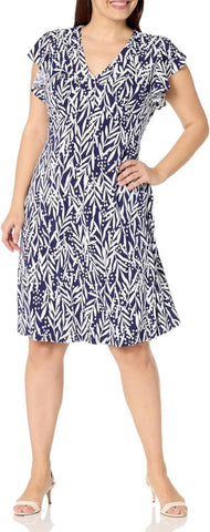 London Times Women's Leaf Print V-Neck Ruffle Sleeve Dress T6085M