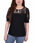 Ny Collection Womens Petite Puff Sleeve Lace Top PITU0712