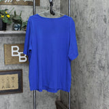 Quacker Factory Womens Knit Short Sleeve Rhinestone Accent Blouse Shirt Blue 2X