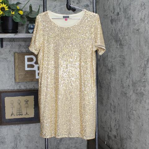 Vince Camuto Short Sleeve Round Neck Sequin Shift Dress 91522713 Gold Yellow L