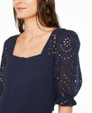 Inc International Concepts Smocked Eyelet Sleeves Blouse Shirt Top Navy Blue 2XL