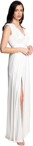 Dress The Population Krista V Neck Coated Jersey Slit Front Maxi Dress White XXS