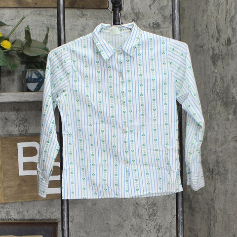 Girl Scouts Girls Vintage Button Up Long Sleeve Shirt Blue / Green Stripe 10