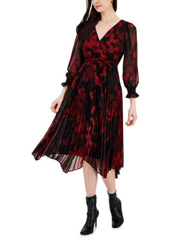 Taylor Women's Printed Pleated Fit & Flare Dress 2671M Black / Ruby Red 12