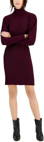 Taylor Dresses Mock Neck Puff Sleeve Cable Knit Sweater Dress 6702M Fig Purple M