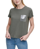 DKNY Womens Short Sleeve Sequin Pocket T-Shirt P0RAOC2R