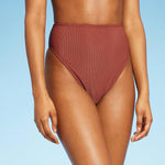 Wild Fable Women's Ribbed High Waist High Leg Cheeky Bikini Bottom Rust Brown M