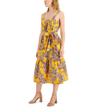 INC International Concepts Women's Printed Tie-Waist Woven Dress Yellow 14