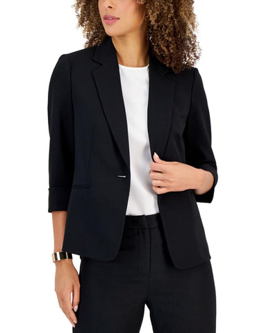 Kasper Women's Single-Button Notched Collar Rolled Jacket Sleeve Blazer Black 12