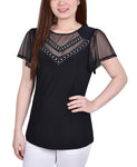 Ny Collection Womens Petite Studded Short Flutter Sleeve Top PITU0042