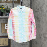 Lands' End Long Sleeve Cotton Boyfriend Tie Dye Button Up Top 516840-Sample