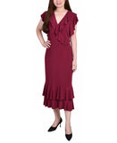 Ny Collection Womens Petites Ruffled A-Line Midi Dress PCKD7256