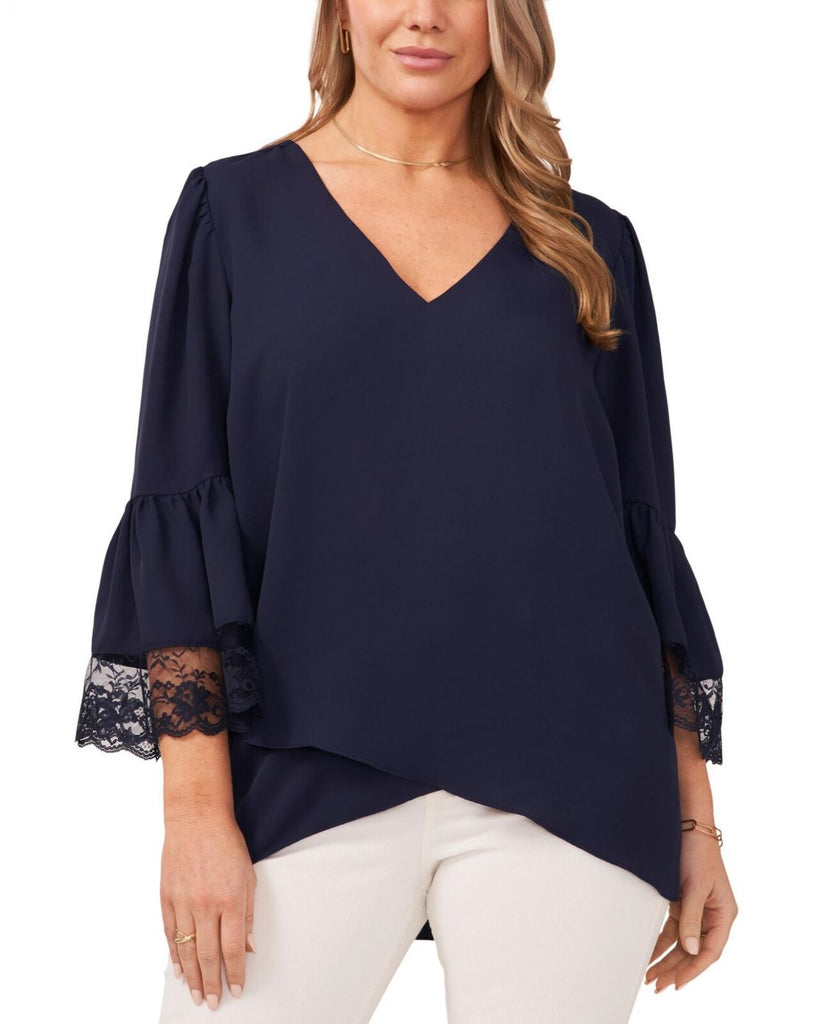 Vince Camuto Womens Plus Size Tiered Lace Ruffle Sleeve V-Neck