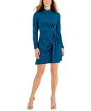 Taylor Women's Mock Neck Side-Draped Long-Sleeve Dress 3127M Blue 10