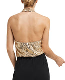 H Halston Women's Sequined Halter-Top Wide-Leg Jumpsuit Gold Black Overflow S