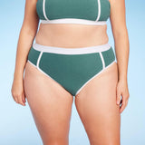 Kona Sol Womens Plus Size Terry Textured Solid High Waist High Leg Bikini Bottom