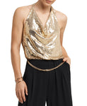 H Halston Women's Sequined Halter-Top Wide-Leg Jumpsuit Gold Black Overflow S