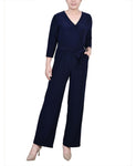 Ny Collection Womens Petite Short 3/4 Sleeve Belted Wide Leg Jumpsuit PQIU0014