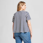 Xhilaration Women's Plus Size Stripe Crochet Applique Flutter Sleeve T-Shirt