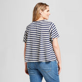 Xhilaration Women's Plus Size Stripe Crochet Applique Flutter Sleeve T-Shirt