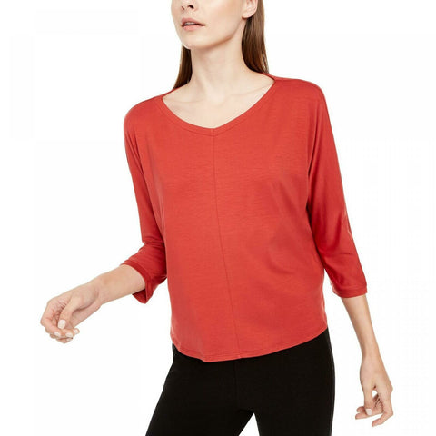 Eileen Fisher Organic Linen Waffle Knit Top Red Long Sleeve V Neck Womens 2024 XL