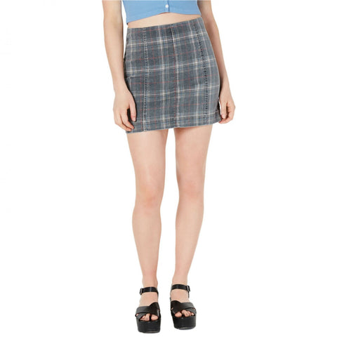 Tinseltown Women's Junior Fit Plaid Denim Mini Skirt