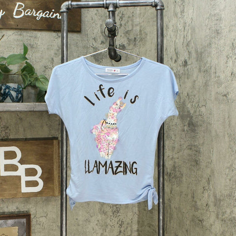 Beautees Big Girls Life Is Llamazing Side-Tie Top Light Blue Medium