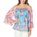 Colleen Lopez Women's Off The Shoulder Flounce Sleeve Smock Neck Blouse