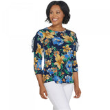 Susan Graver Women's Plus Size Floral Liquid Knit Top with Lace & Chiffon Details