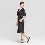 A New Day Elbow Sleeve V-Neck Tie Waist Woven Dress