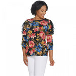 Susan Graver Women's Plus Size Floral Liquid Knit Top with Lace & Chiffon Details