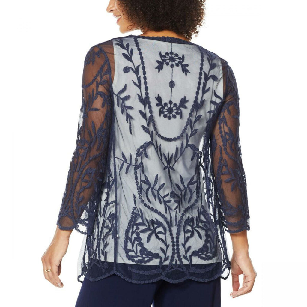 Nina Leonard Women's 3/4-Sleeve Embroidered Mesh Topper Jacket