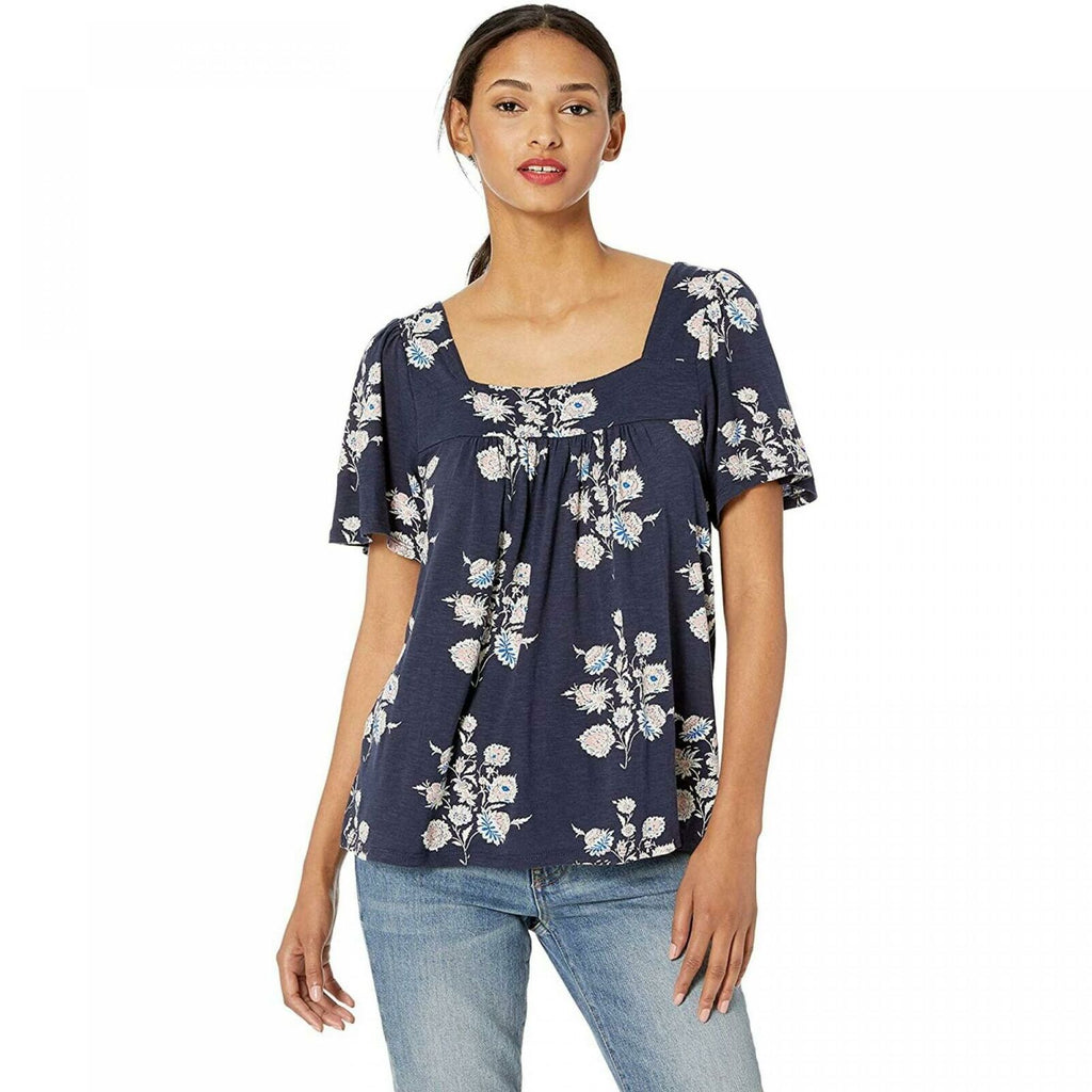 Lucky Brand Women's Ditsy Floral Square Neck Peasant Top In Raven Multi