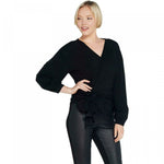 Du Jour Women's Drop Shoulder Long Sleeve Wrap Front Knit Top Black Large