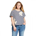 Xhilaration Women's Plus Size Stripe Crochet Applique Flutter Sleeve T-Shirt