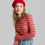 Wild Fable Women's Striped Long Sleeve Crewneck Lettuce Hem Baby T-Shirt