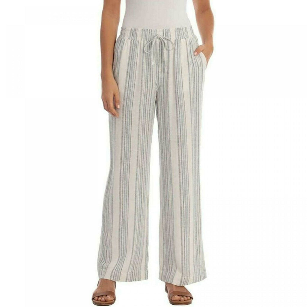 Linen-blend pull-on trousers - White/Blue striped - Ladies