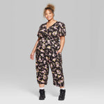 Wild Fable Women's Floral Print 3/4 Sleeve V-Neck Belted Jumpsuit