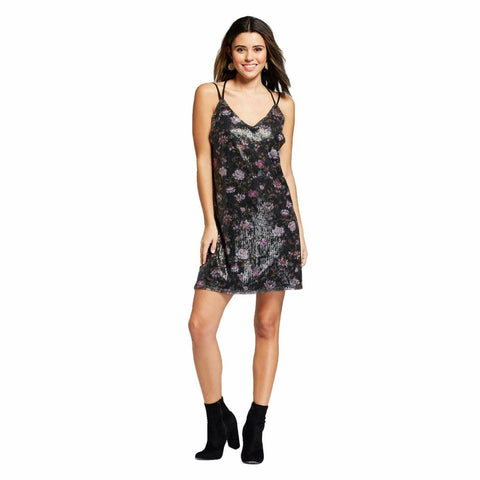 Xhilaration Women's Floral Printed Strappy Y Back Mesh Party Dress