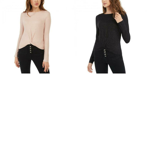 Planet Gold Women's Junior Fit Twist Front Sparkly Ribbed Top