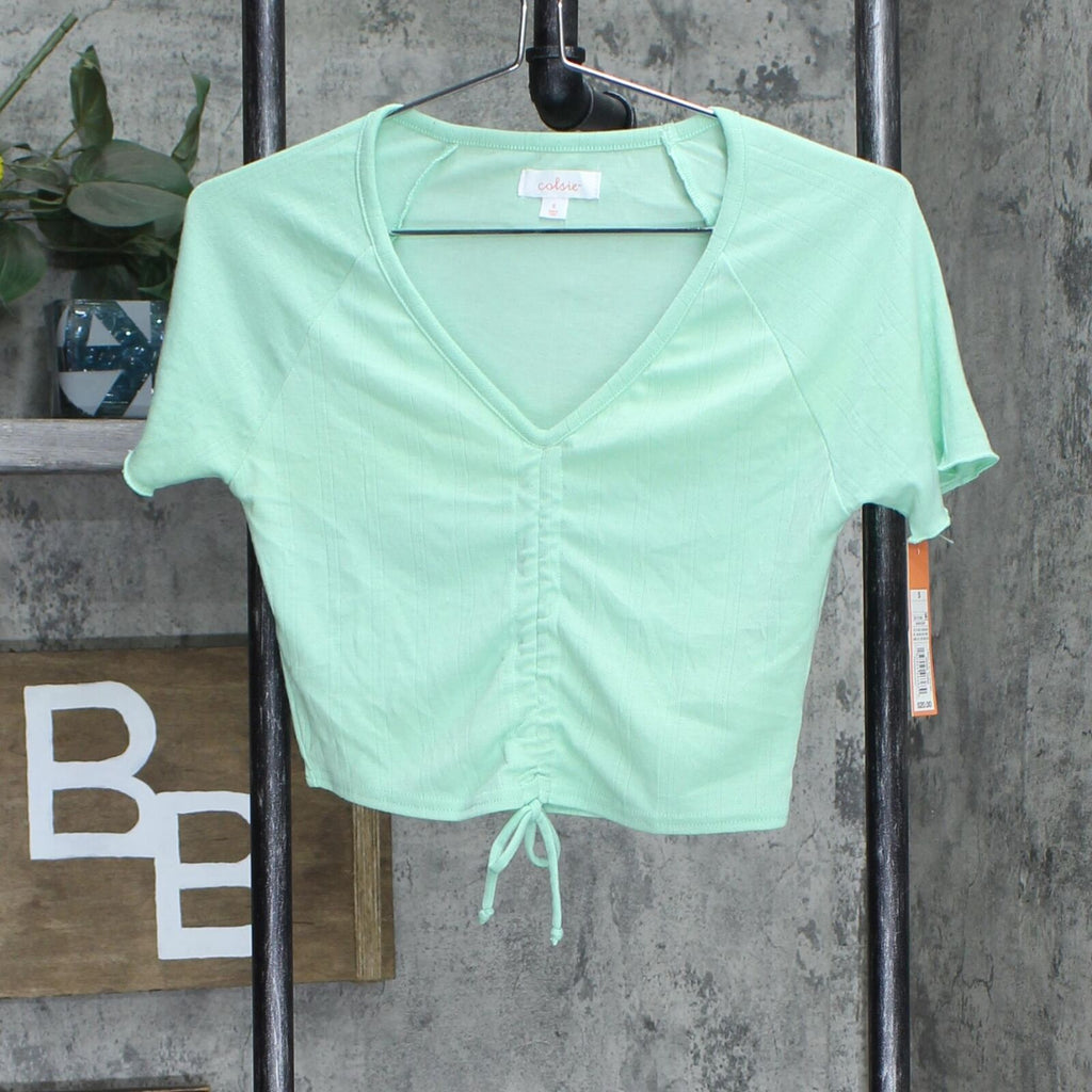 Colsie Women's Pointelle Knit Crop Top Sleep Lounge Shirt Green S